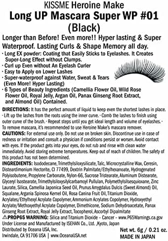 Heroine Makeup Long UP Mascara, Super WP 01, Black, 0.2 oz (6 g), Resistant to Tears, Sweat, Water, Sebum, Rubbing, Waterproof Formula
